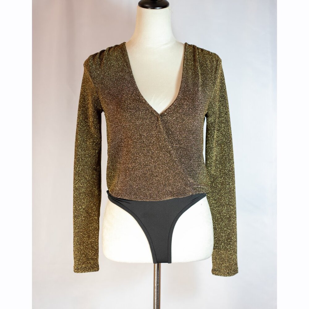 Steve Madden Women's Metallic Knit Gold Long Sleeve Bodysuit Size XS